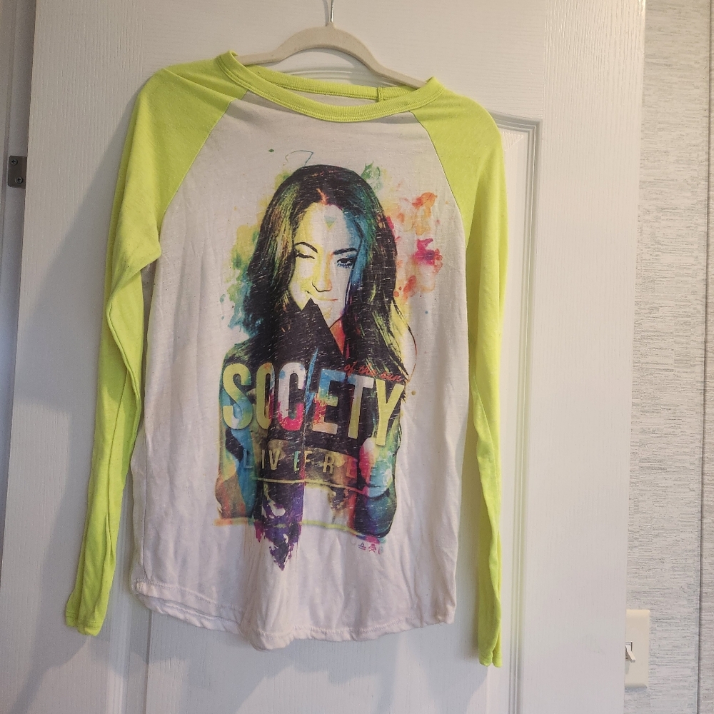 Society Graphic Long Sleeve Shirt with Neon Sleeves Size M EUC